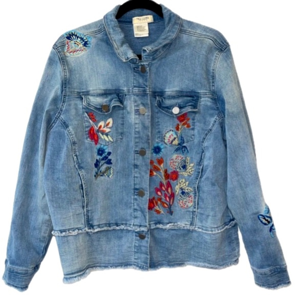 Tru Luxe Embroidered Denim Jacket Womens XL Jean Bead Detail Blue Raw Hem